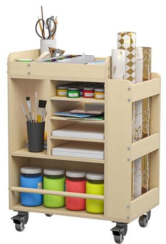 lukar Wooden Art Storage Cart with Wheels, 25.6 Art Supply Storage Organizer Cart, Multi-Functional Rolling Utility Carts for Kid, Arts Activity Carts for Storing A4 Paper, Brushes, Paint