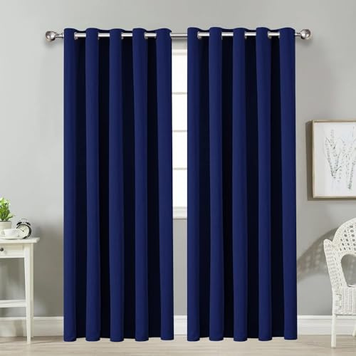 Yorkshire Bedding Ring Top Blackout Curtains for Bedroom 90x90 Inch Super Soft Thermal Insulated Navy Curtains Darkening Panels + 2 Tiebacks