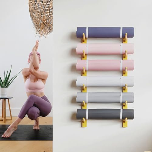 SULQING Wandhalterung für Yogamatten aus Holz – Wandhalterung für Yogamatten mit 6/9 Ebenen – Halterung für Heim-Fitnessstudio-Zubehör – Yogamattenständer