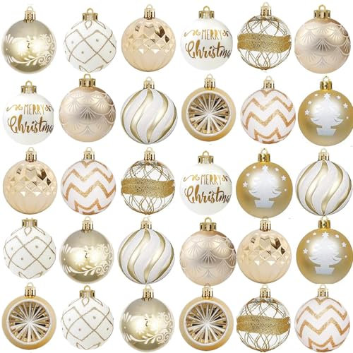 Weihnachtskugeln 30 Stücke Weiß und Gold 6CM Kunststoff Christbaumkugeln Weihnachtsdeko mit Aufhänger für Weihnachtsbaum Dekoration Winterurlaub Dekoration Weihnachten Hochzeit Party
