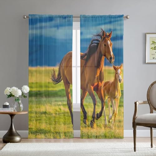Hixingo Sheer Voile Gardinen Tierdruck Vorhänge, 2er Set Vorhang, Nordisch Halbtransparent Scheibengardinen Wohnzimmer Küchen (108x215cm,Pferd)
