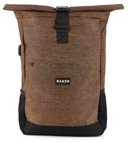 RANZN® – London – Premium Rucksack Herren & Damen, Rolltop Freizeit-Rucksack mit USB-Ladebuchse, Wasserabweisend, Diebstahlsicherung, Wanderrucksack, Backpack mit Laptopfach, Braun