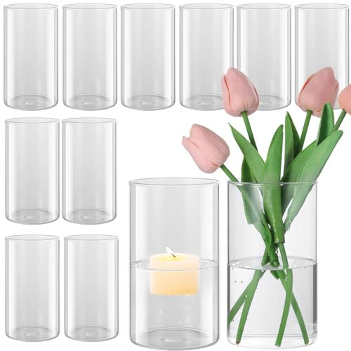 Lot de 12 vases cylindriques en verre transparent - Bougeoir ouragan pour pilier, décoration de table de salle à manger, centre de table de mariage, décoration d'intérieur pour dessus de table