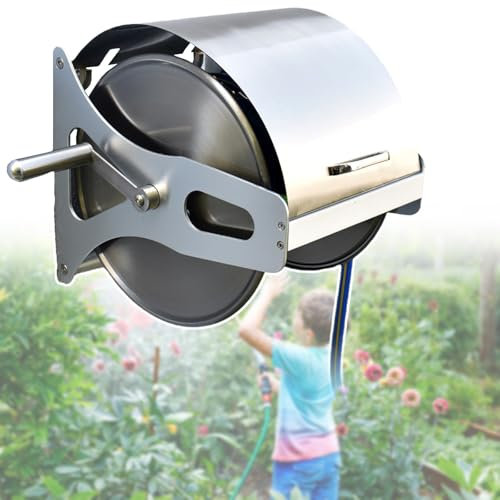 HCAUYNN Wandmontierter Gartenrasenschlauch Aus Edelstahl Aufroller, FüR 40 M (16 Mm) Lange GartenschläUche, Rundum Wasserdicht, Mit SchlauchfüHrung