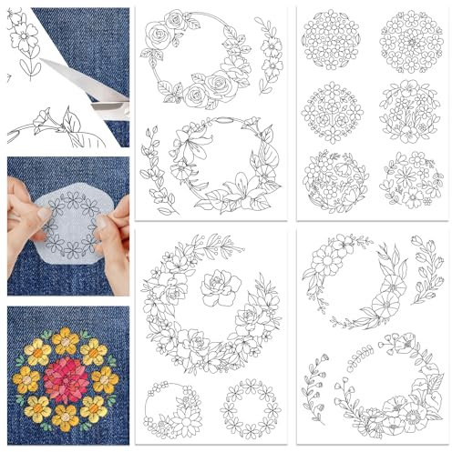 GLOBLELAND 4Sheets 11.7x8.3 Round Flowers Water Soluble Embroidery Stabilizer Rose Lily Tulip Hand Sewing Stabilizers Self Adhesive Washable Stick and Stitch Embroidery Stabilizer for Beginners