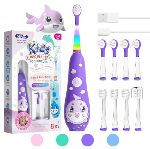 Seago recharge brosse a dent electrique enfant, brosse a dent bebe avec lumière LED 8 têtes, 60 jours d'utilisation, minuteur et étanche IPX7, pour 2 ans à 6 ans, SG2139, Violet