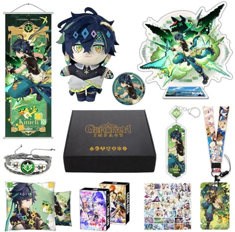 MOTAO Genshin Impact Box Kinich Merch Set - Puppe, Poster, Kissenbezug, Standfigur, Armband, Abzeichen, Schlüsselanhänger, Kartenhülle, 30 Lomo Karten, 50 Aufkleber (Kinich)