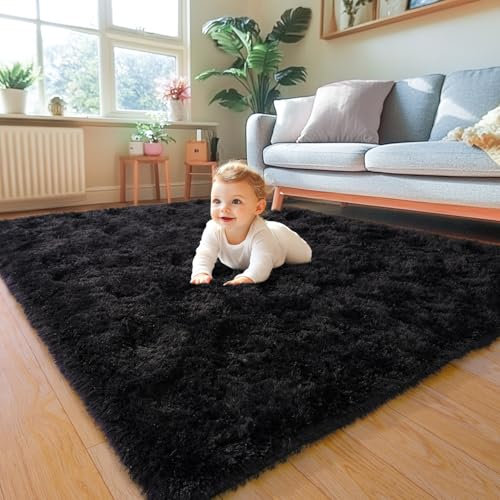 BSGIFT Teppich Schwarz 120x160 Flauschiger Hochflor Teppich Wohnzimmer, Modern Shaggy Langflor Wohnzimmerteppich Bettvorleger High-Pile Carpet rutschfest für Schlafzimmer Kinderzimmer