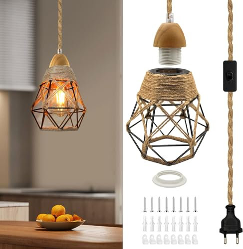 Support Ampoule E27 avec Prise, Lustre Corde de Chanvre Câble 5.1M, Douille Ampoule en Bois avec Interrupteur, Suspensions d'éclairage Intérieur, Lampe Suspendue Industrielle pour Salle à Manger