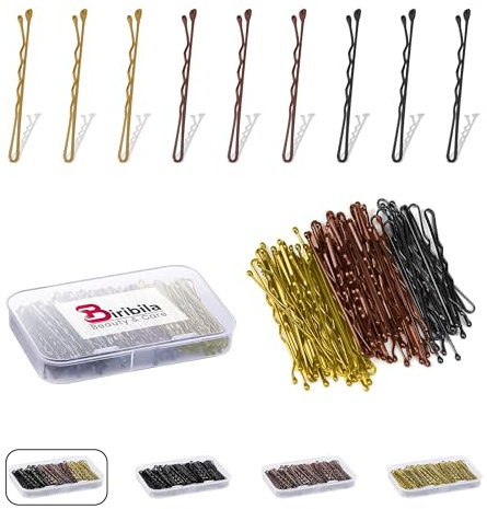 Biribila Bobby Pins – 5cm Long Hair Pins for Women, Hair Slides with Storage Box – Thicker & Strong Hair Grips, Kirby Grips for All Types (Black, Brown & Gold, 300)
