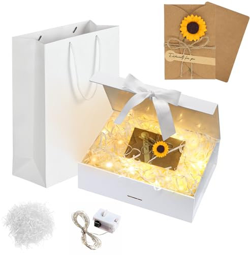 Idota Geschenkbox mit Deckel Magnetisch, 23 x 17 x 7cm Weiß Geschenk Box Schleife Geschenkkarton Geburtstag mit Tragetasche, Raffia, Grußkarten, Licht, Geschenkverpackung für Hochzeit Geburtstag S