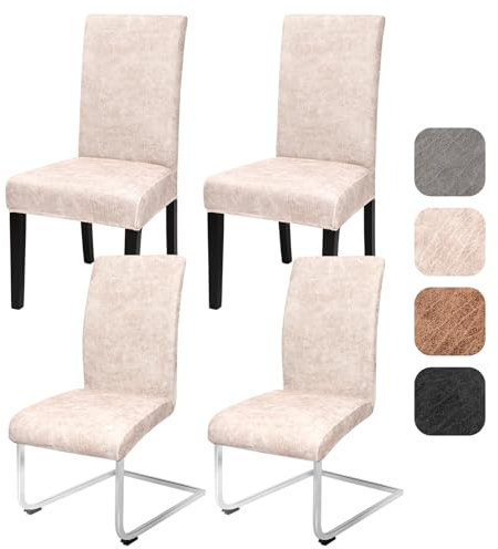 Alishomtll Sämischleder Stuhlhussen 4er/6er Set Vintage PU Stretch Stuhlbezug Elastische Universal Esszimmer Stuhlbezüge Abnehmbar Waschbar Stühle Schutz für Küche Restaurant Hotel (Beige, 4 Stück)