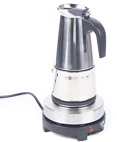 TONFEION Elektrische Espressomaschine, 500W Edelstahl Espressokocher mit Griff, 5-Gang Einstellbar, 6 Tassen, kaffeepadmaschine für Café, Büro und Zuhause