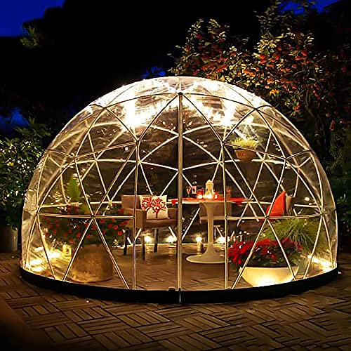 Anlehngewächshaus aus Aluminium, kompaktes Tomaten-Gartenhaus, transparentes PVC-Kuppelgewächshaus, Garten-Iglu-Zelt, 12 x 7,2 Fuß, wetterfestes Blasenzelt mit 2 x 10 m Lichterketten, Party-