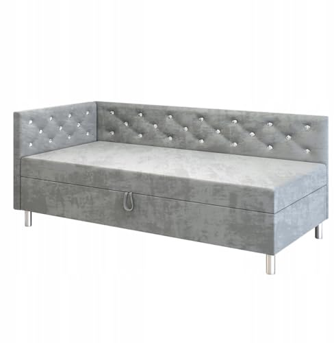TAPCZANY24 - Boxspringbett Princess+, Bett mit Matratze 105 cm Breite | Polsterbett mit Bettkasten, Taschenfederkernmatratze, Einzel Bed mit Veloursbezug, Komfortabel Bette - Velours Hellgrau