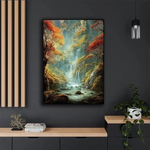 GKUVBF Natürliche Landschaft, spektakulärer Wasserfall, Leinwandgemälde, grüner Baum, Wald, Poster, Wandkunstdrucke, Heimdekoration, Gemälde, 50 x 70 cm, rahmenlos