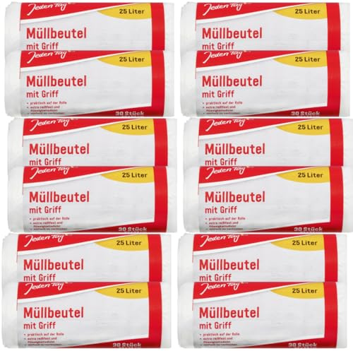 Jeden Tag Müllbeutel mit Griff, 25 Liter, 30 Stück Rolle, extra reißfest, 12er Pack