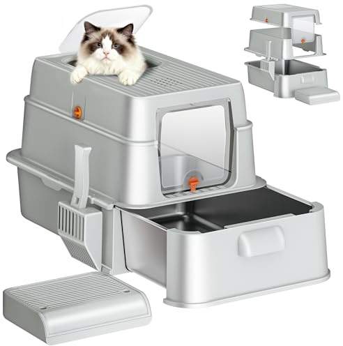 Fobyfurny Stainless Steel Cat Litter Tray with Drawer & Lid, XXL Covered Metal Cat Litter Box with Pedal and Scoop, Odor Control, Easy to Clean, Two Entrances, 65 x 44 x 40 cm, Light Grey, FPLB201SG1