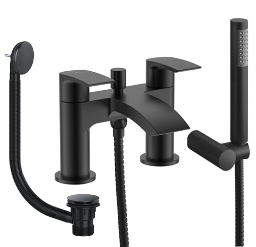 Sleek Matt Black Waterfall Bath Shower Mixer Tap with Handset and Matching Waste - Bath Mounted