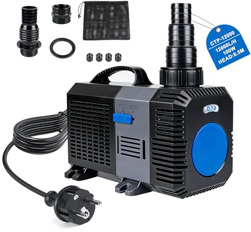 EXLECO Eco Teichpumpe für Außen 12000L/H 100W Energiespar Wasserpumpe | Teich Filterpumpe, Teichfilter Bachlaufpumpe als Springbrunnenpumpe, Brunnen Pumpe für Wasserfall, Koiteich, Bachlauf, Garten