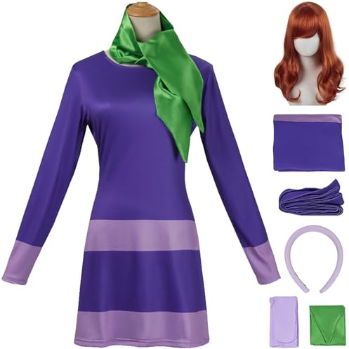 Kolegrial Déguisement Daphne Femme Cosplay Daphne Élégant Violet Robe avec Bandeau Écharpe Chaussettes et Perruque pour Carnaval Halloween Party Masquerade Costume