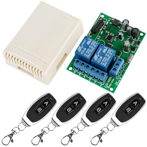 Interruttore radio DC 12 V 24 V 2 CH senza fili, 2 canali, DC 6 – 30 V 10 A, ricevitore wireless con 4 trasmettitori, modulo relè RF per porta del garage