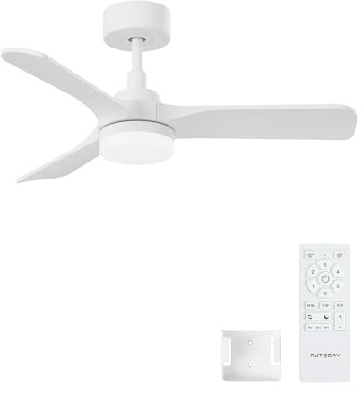 AUTODAY Ventilador de techo 90 cm de madera blanco con iluminación LED | Silencioso DC 30W, 24W LED, Mando Distancia y Temporizador 1/3/6h, Función Verano-Invierno, 6 velocidades, para dormitorio