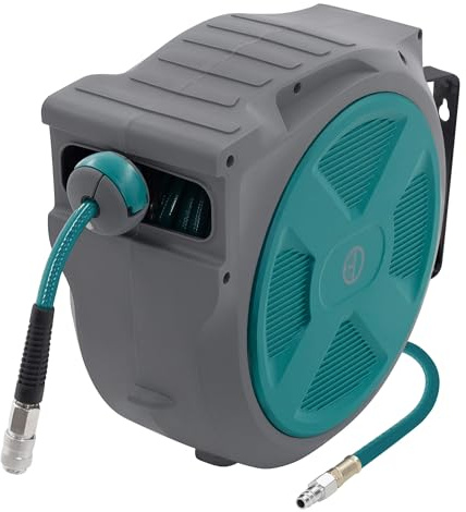 ECD Germany Druckluftschlauchtrommel 20m+2m, Automatischer Aufroller mit Arretierfunktion, 1/4 Anschluss, Schnellkupplung, 15 bar, 180° schwenkbar, Ø12mm, Automatik Schlauchaufroller für Wandmontage