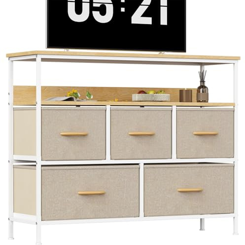 KU Syang 5-Drawer Chest of Drawers with TV Stand | Heavy-Duty Steel Frame & Scratch-Resistant MDF Top | Multi-Functional Storage Unit with Fabric Drawers for Bedroom & Living Room Hallway Khaki