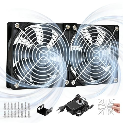 DAJASD 2 X 120mm Lüfter, Gehäuselüfter 12V Mit Netzstecker, Stufenlosem Drehzahlregler (2700 RPM) Et Metallgrillschutz, PC Lüfter, Bürstenlos Kühlung Lüfter Für Computer,Server,AV-Kabine,Router,TV