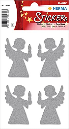 HERMA 15249 Aufkleber Engel Glitzer Silber, 4 Stück, Weihnachten Sticker aus Filz mit Engelchen Motiv, Kinder Etiketten für Weihnachtsdeko Geschenke Adventskalender Winter Deko Briefe DIY Basteln