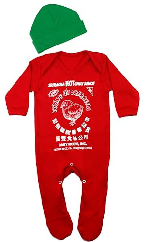 Baby Moo's SRIRACHA - Conjunto de pijama y gorro para bebé para niños o niñas, divertido y lindo traje de mameluco de salsa de chile, regalo para bebé o padres, rosso, 0-3 meses