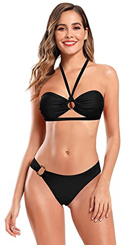 SHEKINI Bandeau Damen Bikini Set Badeanzug mit Ring Verstellbar Neckholder Bikinioberteil Zweiteiliger Bademode Low Waist Triangel Bikinihose Swimsuit (Schwarz, S)