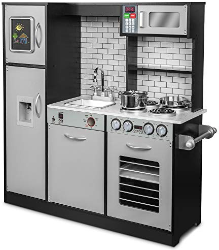 Lil' Jumbl Kids Kitchen Set, Pretend Wooden Play Kitchen, Battery Operated Icemaker & Microwave with Realistic Sound, Pots & Pan Included - Charcoal