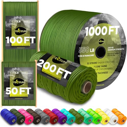 TECEUM Paracord Type III 550 Poivre Vert – 60 m– 4mm – Corde Tactique MIL-Spec – Paracord Outdoor – pour Le Camping et la randonnée – Corde Parachute EDC – Corde de Survie Robuste (200ft)