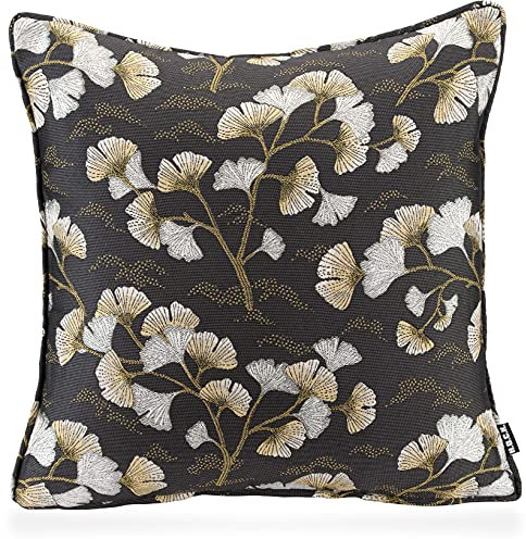 H.O.C.K. Gingko Kissen inkl. Füllung Dekokissen mit Keder 45x45cm (45x45cm, schwarz Gold)