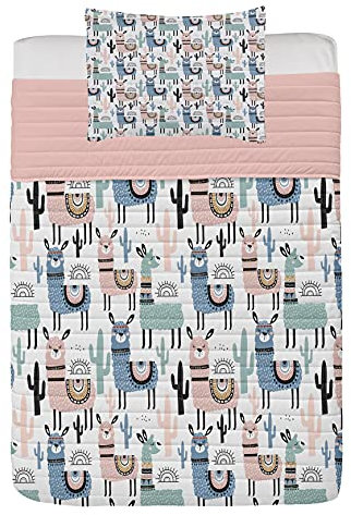 ABAKUHAUS Lama Mikrofaser Tagesdecken Set, Kinder-Cartoon-Entwurf, weiches Bettwäscheset mit Kissenbezügen und Steppdecke, 170 cm x 220 cm, Kadett Blau
