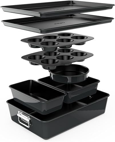 NutriChef 8-Piece Nonstick Stackable Bakeware Set - PFOA, PFOS, PTFE Free Baking Tray Set w/Non-Stick Coating, 450°F Oven Safe, Round Cake, Loaf, Muffin, Wide/Square Pans, Cookie Sheet (Plum) (Black)