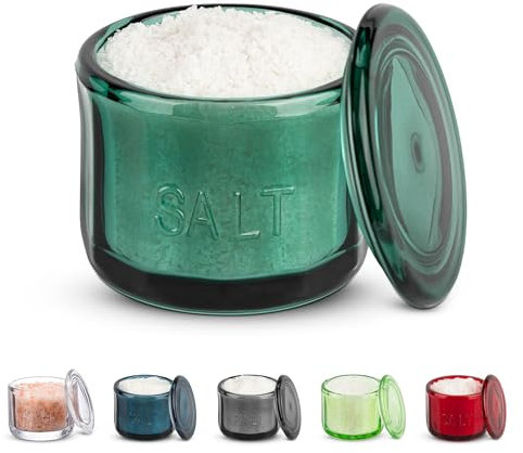 KooK Glass Salt Cellar, with Lid, Embossed Pressed Glass, Clear Storage Container, for Coffee, Sugar, Spices and Candies, 10 oz (Emerald Green)