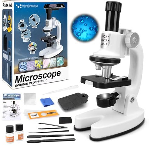 deAO Microscope for Kids 1200X High-Power Science Microscope Kit with LED Light Mobile Phone Adapter 3D Slides, Magnifying Glass, Test Tubes, Color Filters, Stem Toys Science Explorer Tool (White)