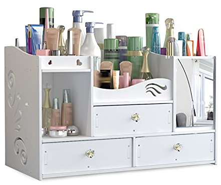 NaMaSyo Makeup Organiser With Drawers Skincare Cosmetic Organisers Compartments Mirror Large Cosmetic Holder Display Storage Box Case For Bedroom Bathroom Dresser Desk Office White