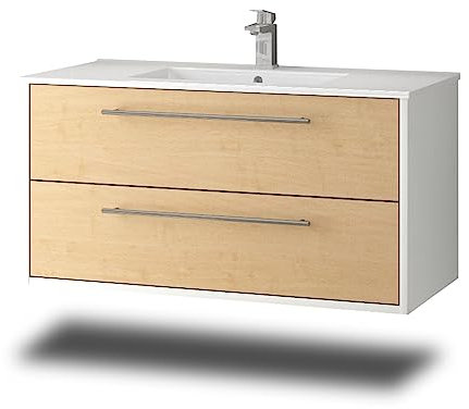 Stil.Zeit Evelia Badmöbel inkl. Waschbecken | Waschtisch mit Unterschrank 100.5 cm | Weiß/Dekor Ahorn| Metallgriffe/hängend