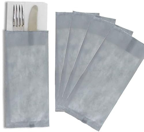 Virsus 100 Buste Portaposate in TNT Tessuto non Tessuto, misura 11x25 cm, con tovagliolo Doppio Velo 38x38 cm, Porta Posate Monouso per ristorante (Grigio)