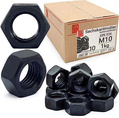 Écrou hexagonal M10, 1 Kg, acier noir classe 10 DIN 934, filetage métrique standard, boulon 10 mm et tige filetée, fixation intérieure et extérieure