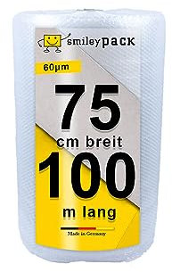 smiley pack 1 Rolle Luftpolsterfolie Breite 0,75 x 100 m Bubble Wrap Polsterfolie Fläche 75 qm Dicke 60 my Bläschenfolie Noppenfolie Einpackfolie Blisterfolie Luftpolster Verpackungsmaterial