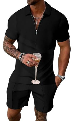 Osheoiso 2 Teiliges T-Shirt und Hosen Sets Herren Shirt Shorts Jogginganzug Casual Freizeitanzug Outfit Herren Pyjama Kurze Hose für Männer Trainingsanzug D Schwarz XXL