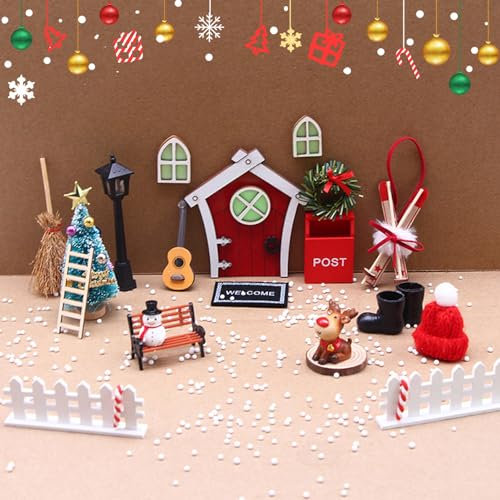 Nexoria Wichieltür Weihnachten, Wichteltür Zubehör Weihnachten Set Holz Wichtel Tür Miniatur Wichtel Tür Weihnachten Weihnachtswichtel Tür Set Mit Miniatur Briefkästen, Zäun, Leiter, Stiefel (A)
