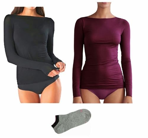 JADEA Maglia Cashmere Manica Lunga, Offerta 1-2 Pezzi + Calze in Omaggio, Scollo a Barca, Sottogiacca Donna (2 PZ 1 Vinaccia + 1 Nero + 1 Calza, S)