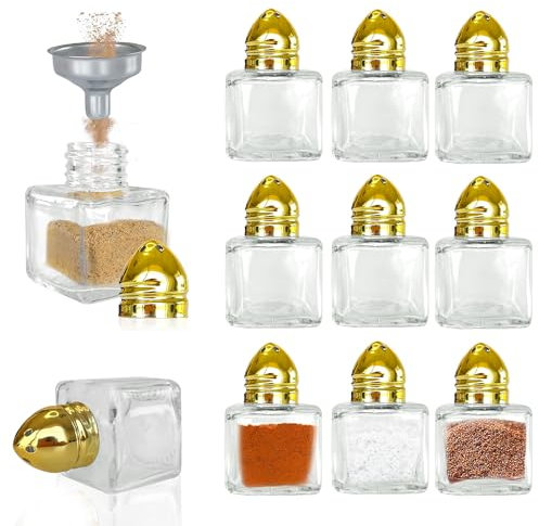 24 Pcs Mini Salt and Pepper Shakers with Funnel Tool 0.5 oz Mini Glass Seasoning Jars for Kitchen Restaurant Travel Home Camp Party Supplies (Gold)