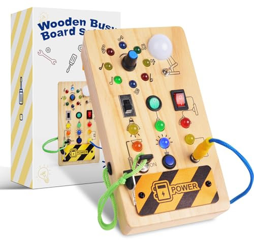 Loyzico Montessori Spielzeug Busy Board ab 1 2 3 4 Jahr, Holzspielzeug Baby Activity Board mit 8 Schalter 15 LED-Leuchten, Sensorik Motorik Lernspielzeug Geschenk Junge und Mädch 12 18 Monate
